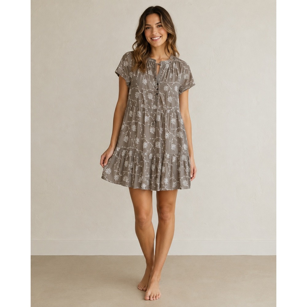 Joie Size L Taupe Embroidered‎ Cotton Tiered Mini Dress Cottagecore Boho